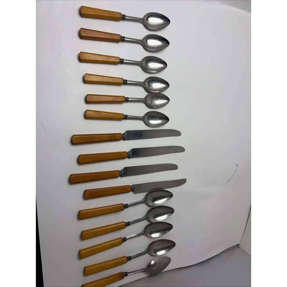 Vintage Butterscotch Bakelite Stainless Flatware 6 Teaspoon, 4 Knives,5 Spoons